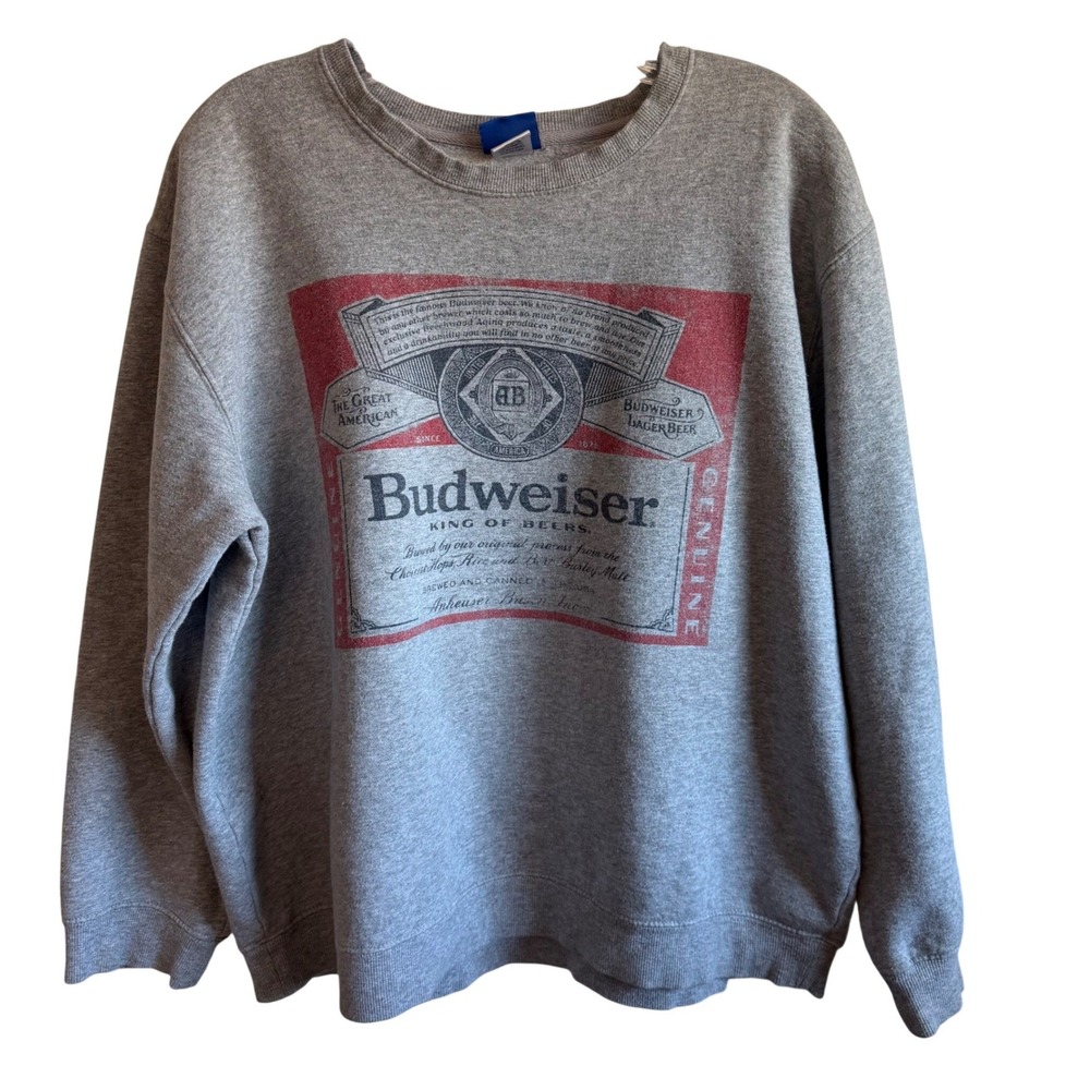 BUDWEISER‎ King of Beers Graphic Sweatshirt Gray Crewneck Pullover VTG Style L